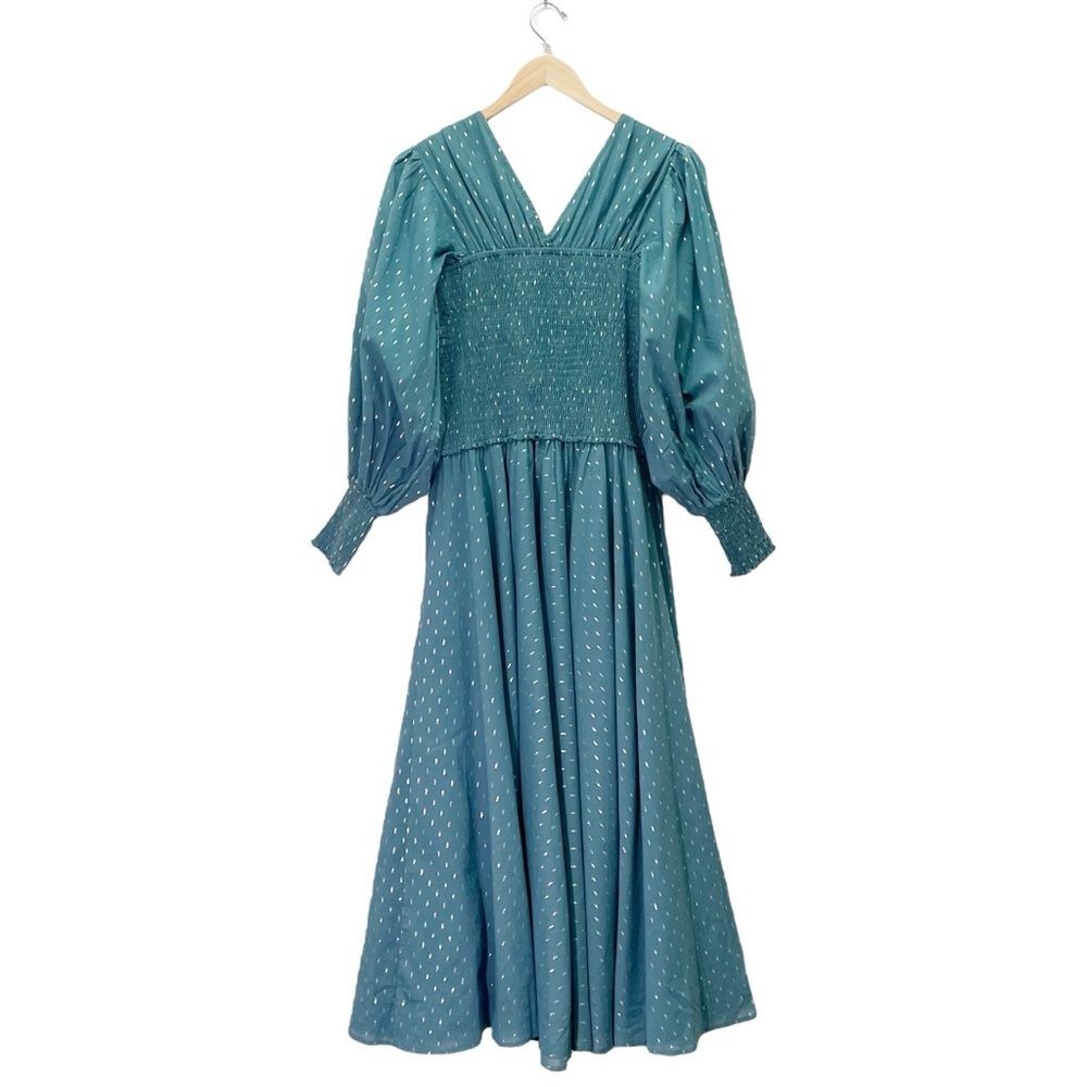 Abacaxi Eva Dress Teal Metallic Cotton Maxi Puff Sleeve Smocked Bodice Sz Large - Picture 3 of 16